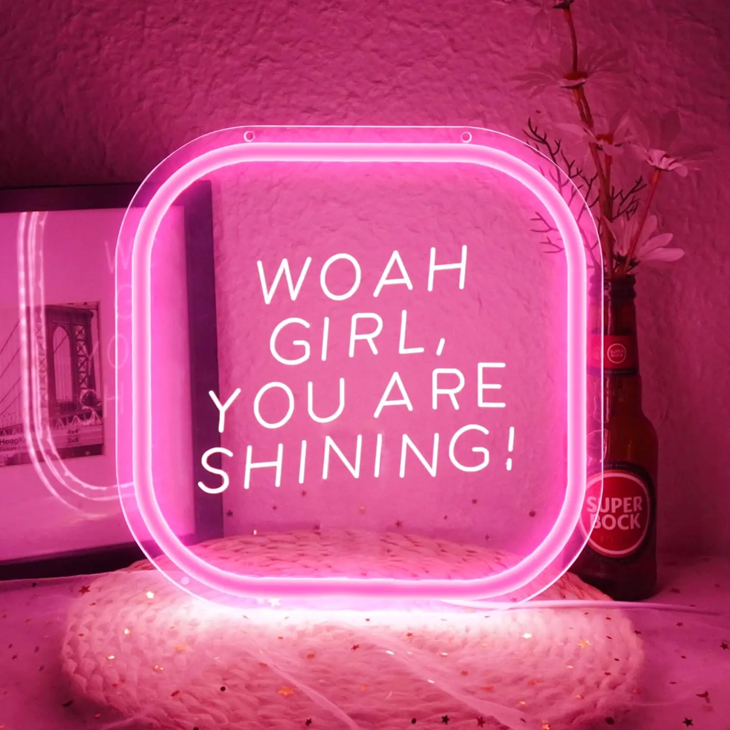 Woah Girl You Are Shining Neon Light Pink Glow Decor Dimmable USB Wall Light for Bedroom Vanity Bachelorette Party Birthday Gift