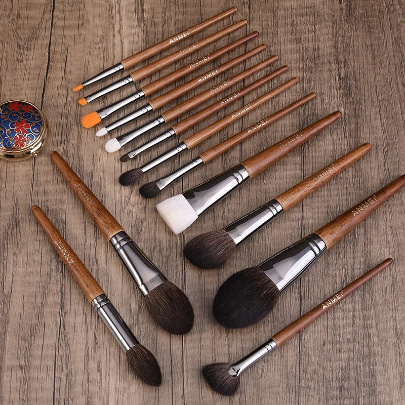 14 Pcs Direct Makeup Brush Set Animal Hair Bevel Fan Contour Flat Mask Brushes for Daily Grooming