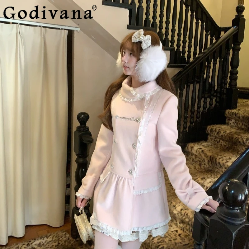 

Sweet Pink Lolita Woolen Coat for Women Winter Japanese Style Thickened Lace Dress Female High Street Princess Cute Dress