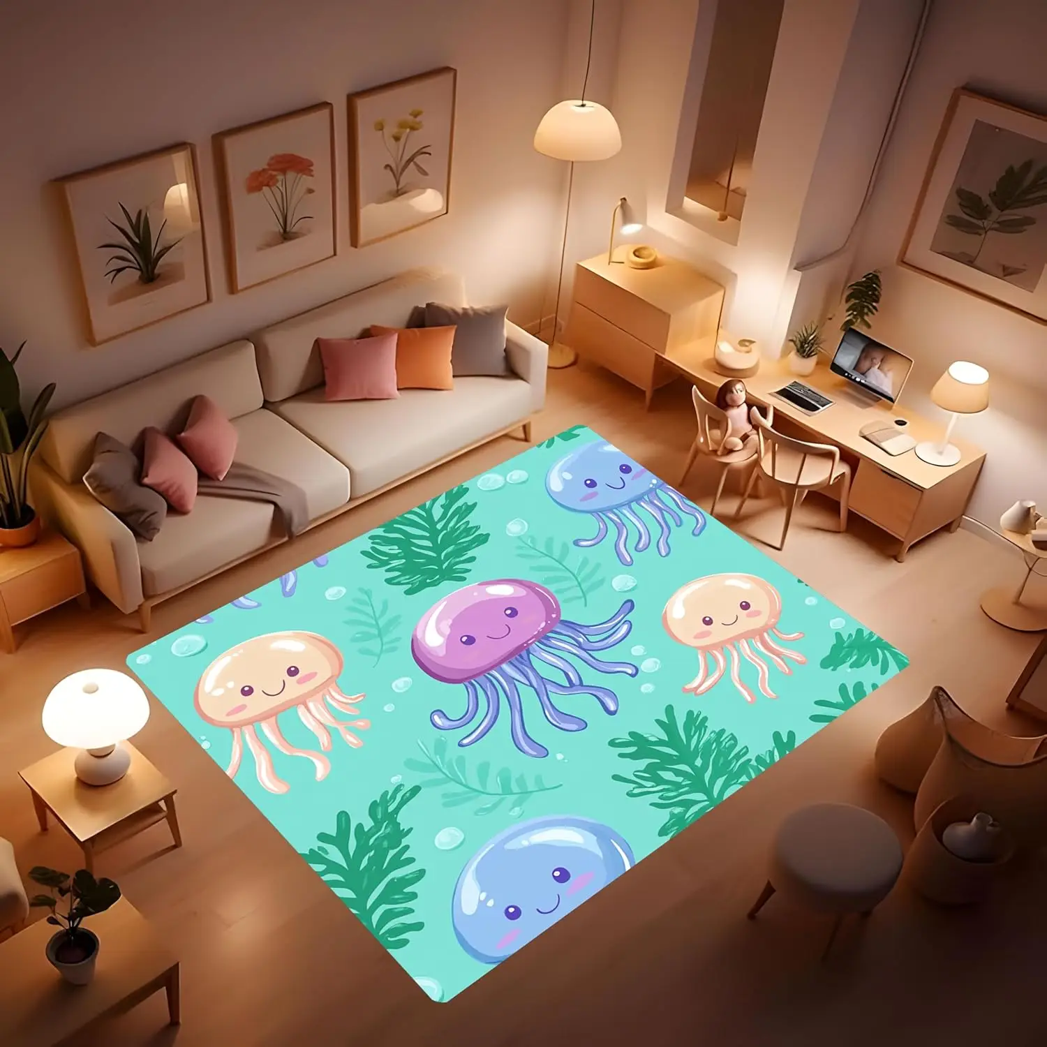 Green Jellyfish Ocean Carpet for Living Room, Super Soft Modern Bedroom Carpet, Ocean Undersea Creature Jellyfish Seaweed
