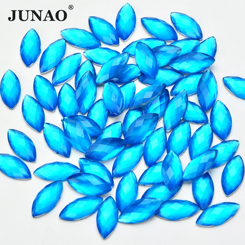 JUNAO 7x15mm Neon Aqua Blue Resin Crystal Horse Eye Rhinestones Applique Flat Back Gems Non Hotfix Strass Scrapbook Beads Crafts