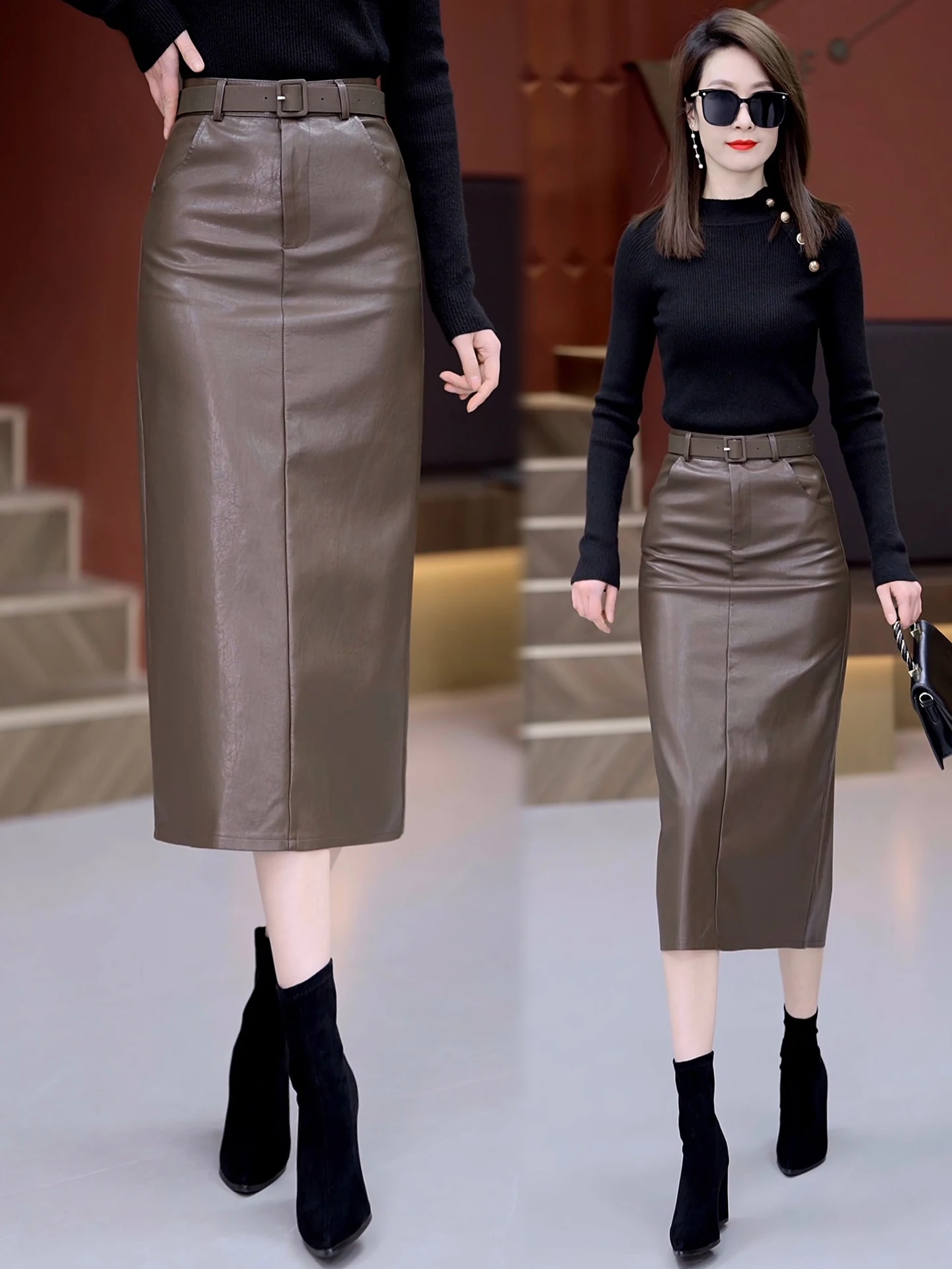 

Женская асимметричная кожаная юбка с высокой талией, осенне-зимняя новинка, прямая юбка-труба А-силуэта, облегающая, в корейском стиле