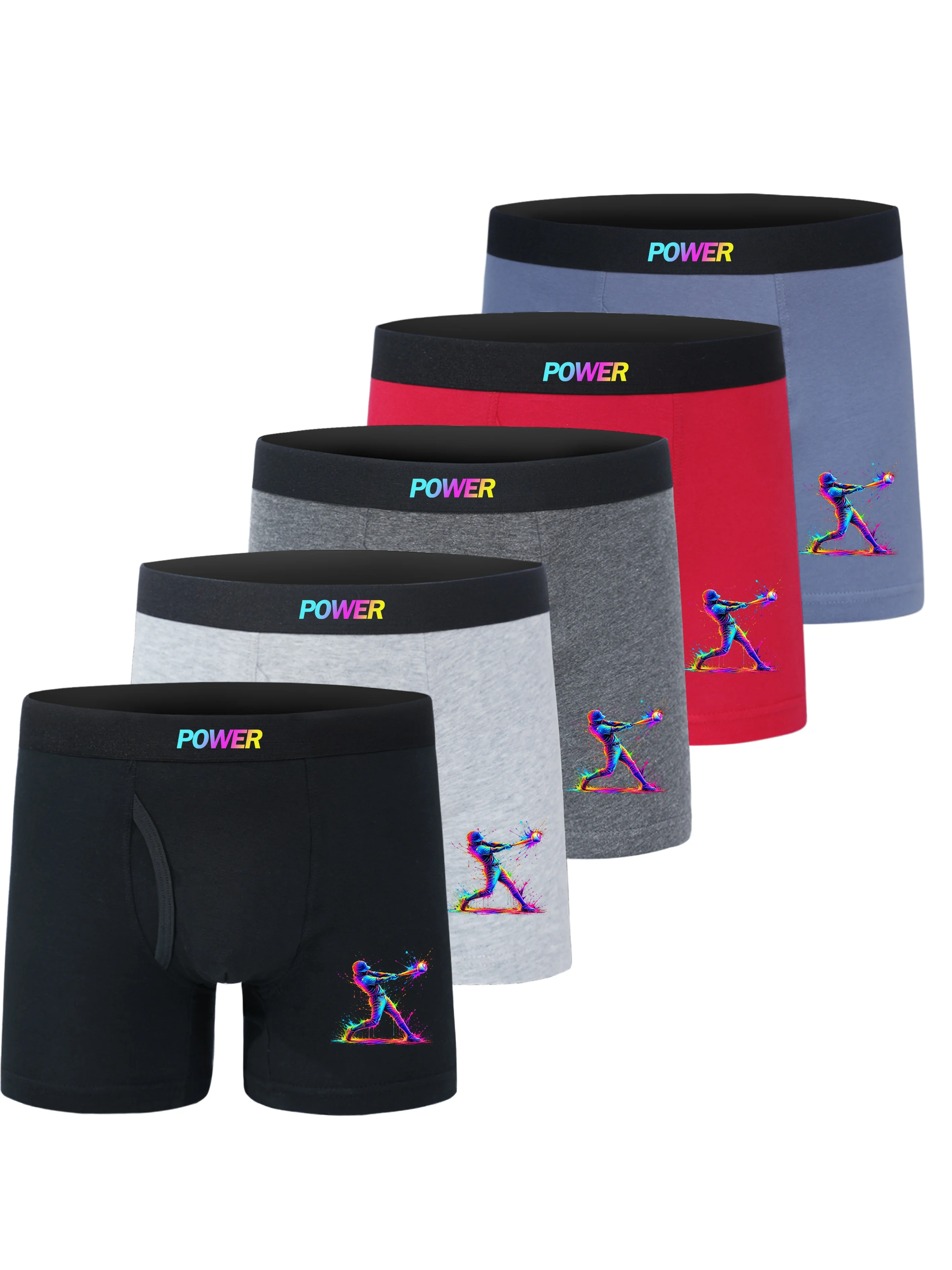 5 Pack Boys' Cotton Baseball Underwear Colorful Splash Batter Print Boxer Briefs Multicolor Breathable Children's Underpants