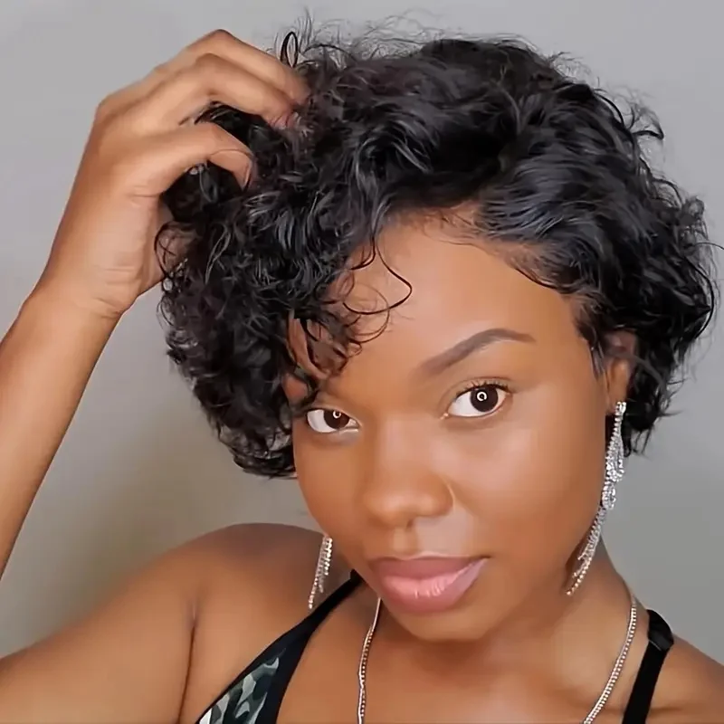 짧은 픽시컷 가발 곱슬머리 인모 가발 여성용 13x4x1 T파트 레이스 투명 딥 웨이브 레이스 가발 프리플럭