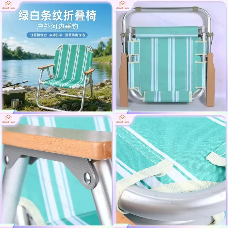 For Green White Striped Folding Chair Outdoor Camping Beach Recliner Portable Fishing Chair with Backrest Lightweight Compact