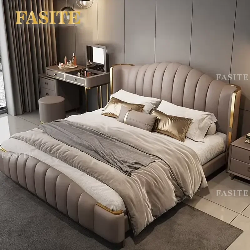 Modern Luxury Leather Upholstered Bed Frame King Queen Double Size Wooden Bedroom Furniture Set Elegant Design Comfortable