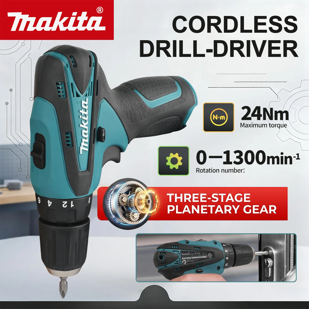 Taladro Atornillador Inalámbrico Makita DF330D 10.8V, 24Nm, 18+1 Niveles de Torque, Velocidad Variable 0-1300RPM, Mandril de 10mm, Herramientas Eléctricas para Perforar Madera y Metal