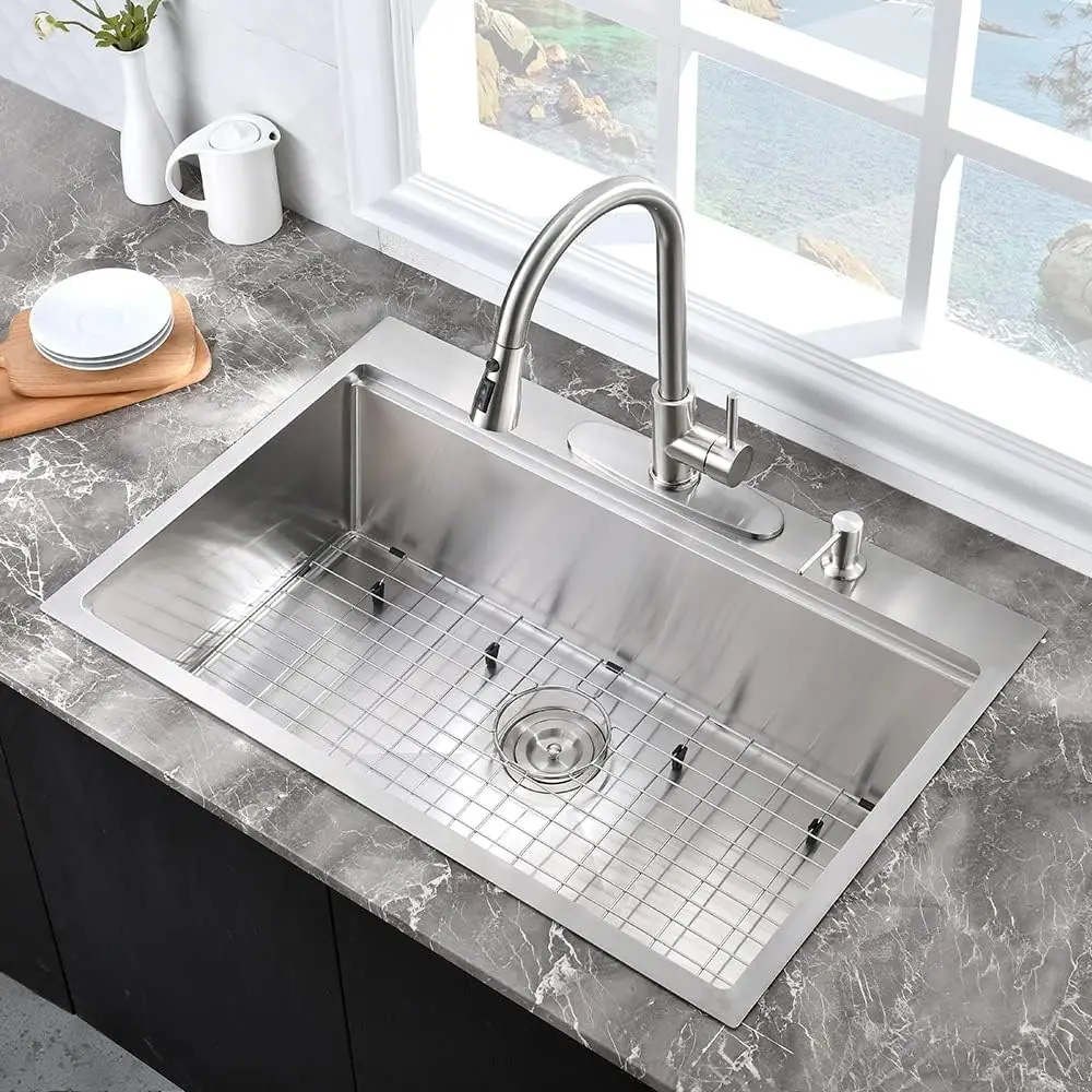 USA 25 Inch Drop In Kitchen Sink Workstation 25x20x10 Stainless Steel Overmount Kitchen Sink 10 Inch Deep Sink w/Cutting Board