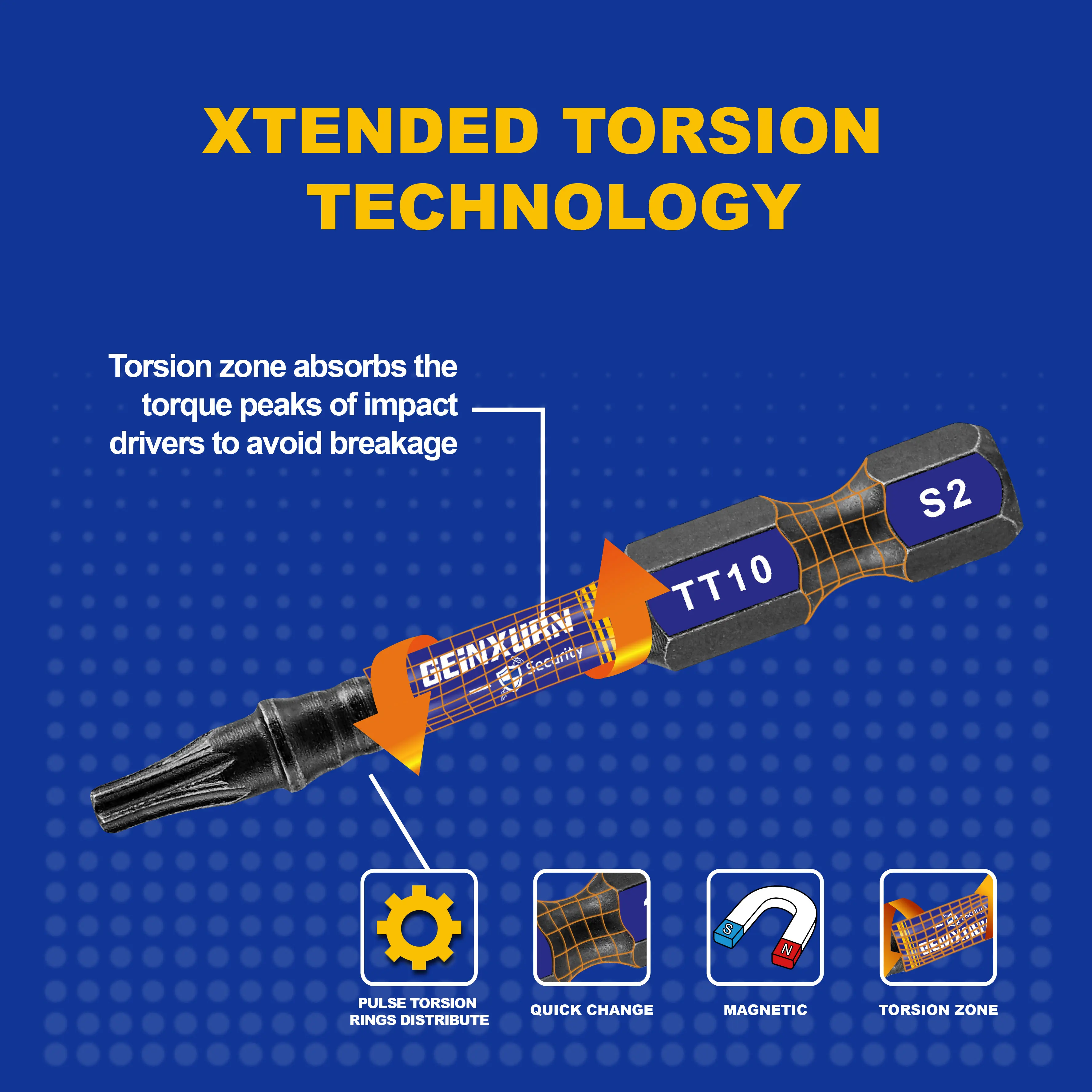 Geinxurn 2 In.Impact Tough Magnetic Power Bit Set,Security Torx Head Power Bits,S2 Alloy Steel Star TT10 Screwdriver Bits Set