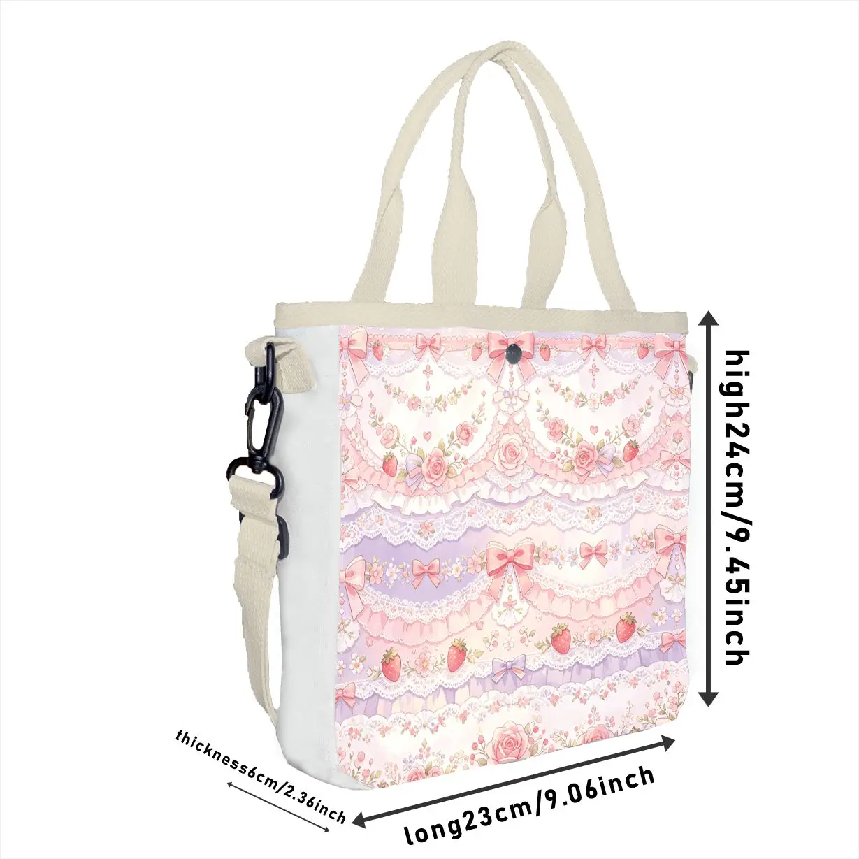 1pc Sweet Lolita Strawberry & Lace Print Tote Bag, Adjustable Strap Pastel Floral Shoulder Bag