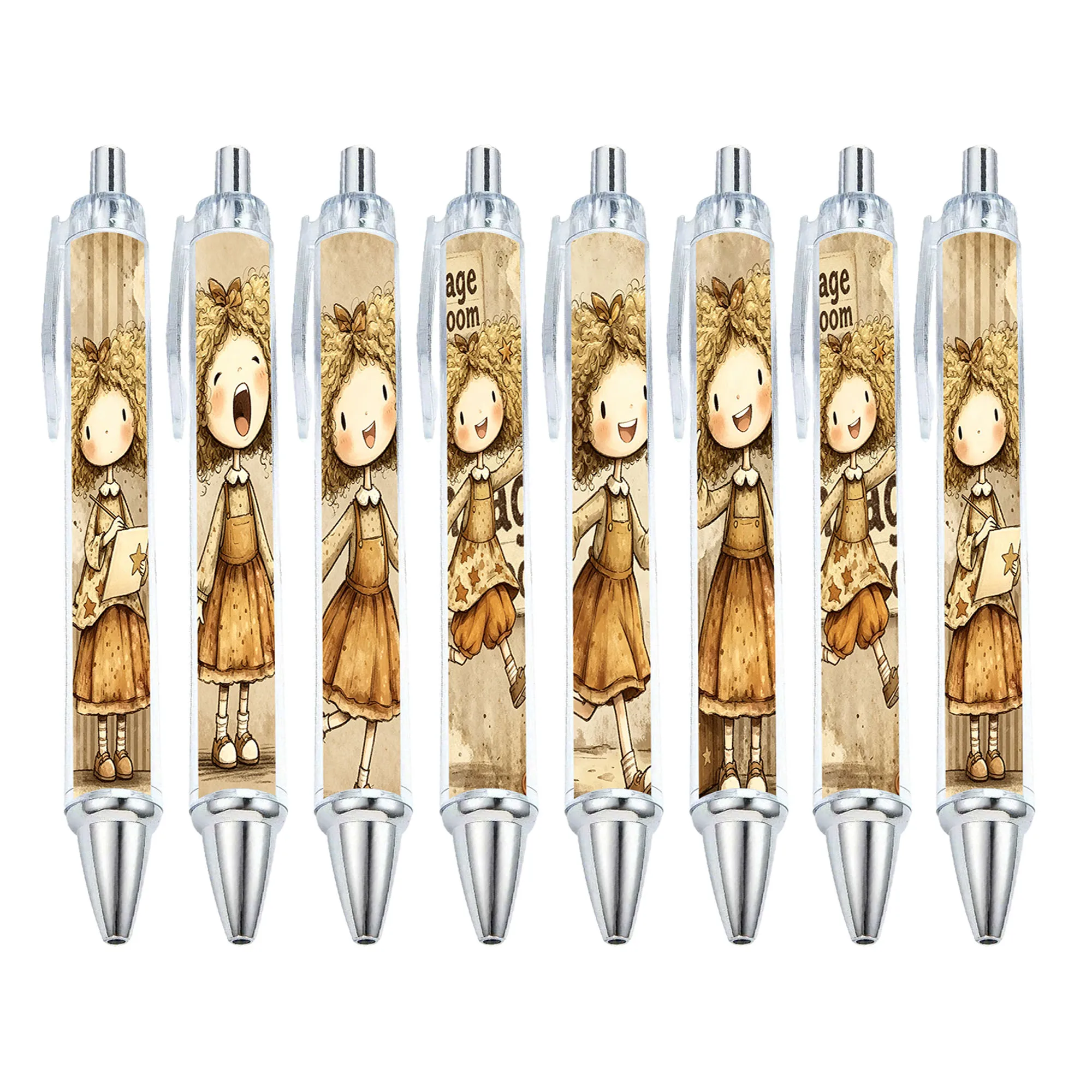 12pcs Retro Church Girl Illustration Ballpoint Pen Retro Sketch Style Girl Press Gift Pen Random Style