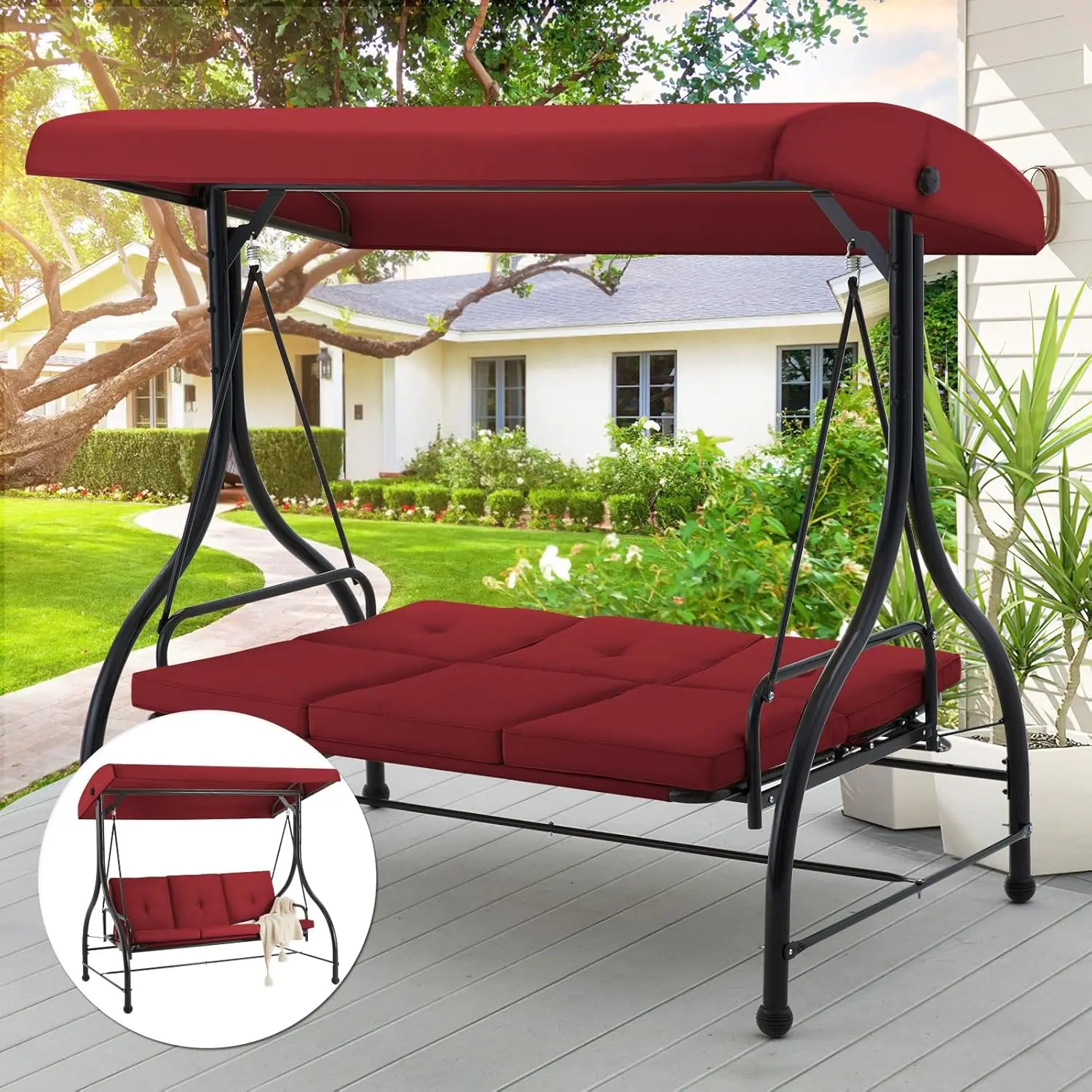 3 Seat Outdoor Patio Swing Chair Converting Swing Glider Canopy Hammock Adjustable Backrest and Canopy Removable Cushions