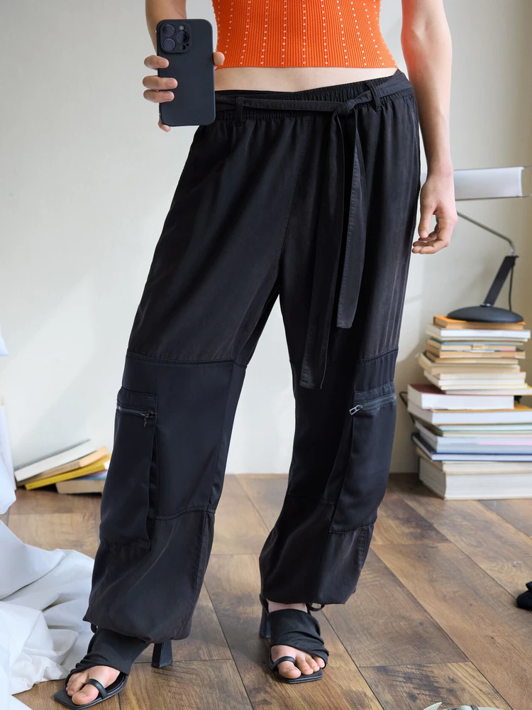 

Pure Sand Wash Casual Pants High Waist Trousers with Elastic Bottom Hem Patchwork Color Block Loose Fit Ladies Trousers