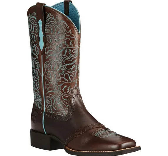 Men's Brown Leather Cowboy Boots Turquoise Pattern Embroidery Square Toe Low Heel Western Footwear for Casual Outdoor Country