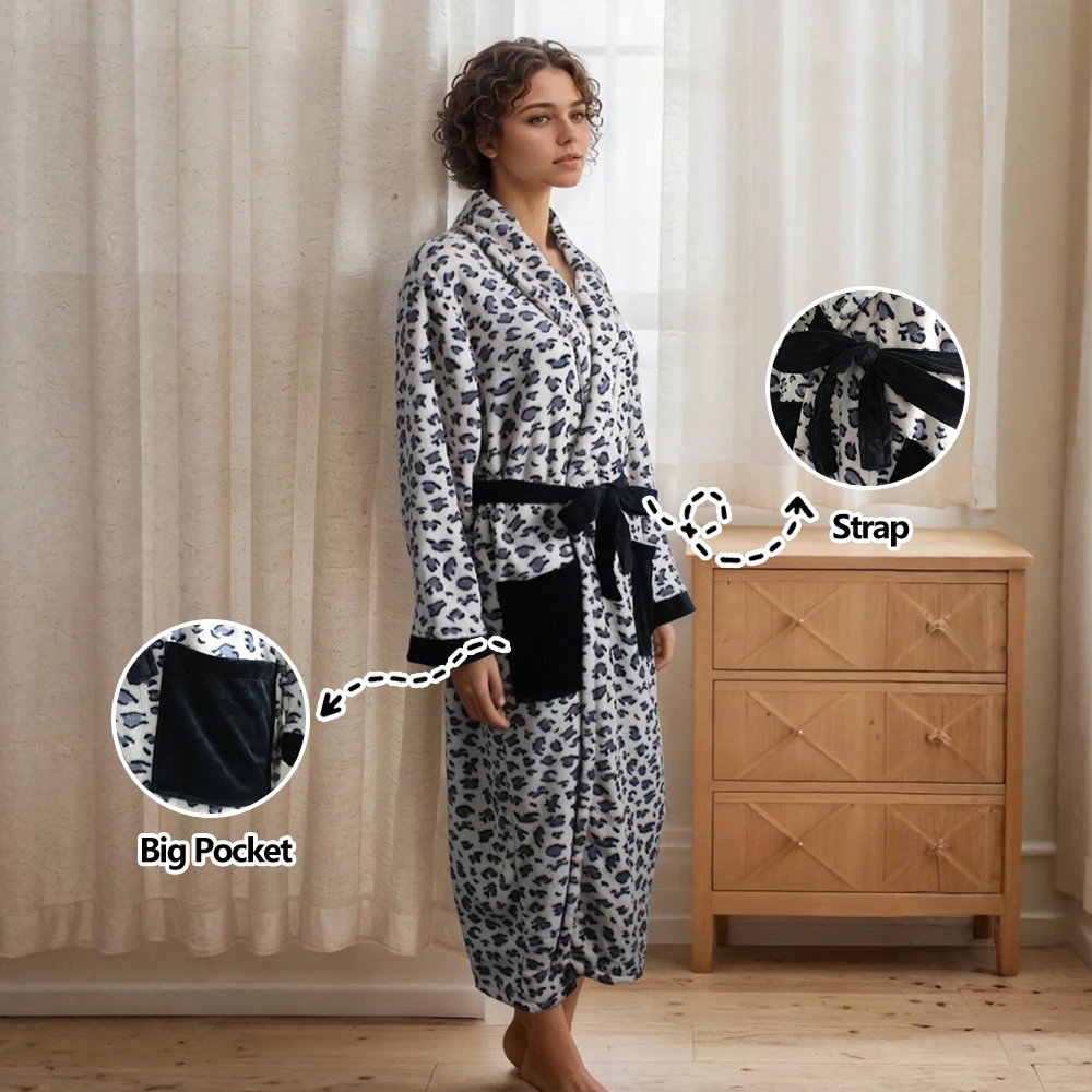 Picture 4: Luxury Coral Velvet  Bathrobe with Leopard Print , Plush Spa Robe with Two Pockets, Modern Design, Absorbent Fabric, for women