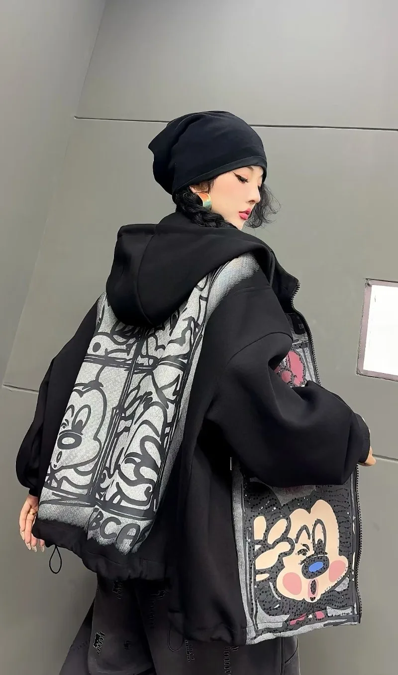 American Casual Retro Cartoon Sequin Zipper Hooded Sweatshirt Loose Fit Long-sleeves Top Casual Jacket Kawaii Clothes Hoodies