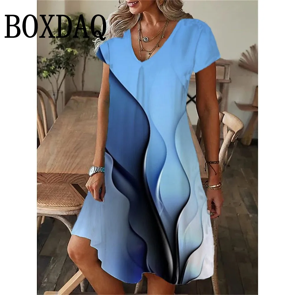 Elegant Women V-Neck Short Sleeve Mini Dress Summer Casual Beach Party Dress Fashion 3D Gradient Print Dress Loose Lady Dresses