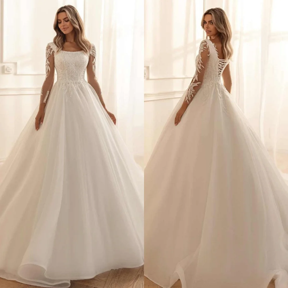 Abiti lunghi a trapezio con paillettes applicati in tulle bianco personalizzato elegante lusso squisito temperamento moda festa nuziale