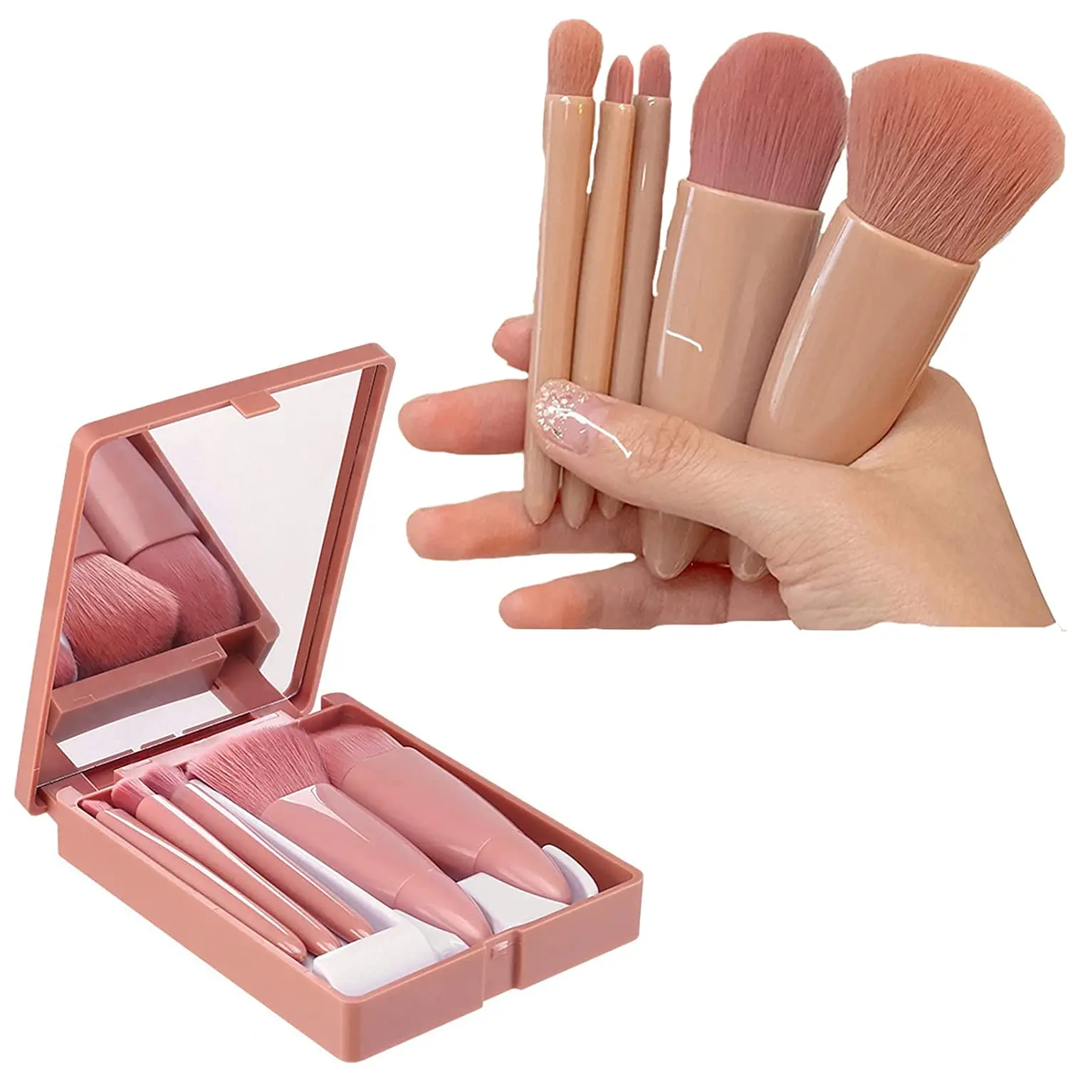 Conjunto de mini pincéis de maquiagem com espelho, 5 peças, pincéis cosméticos de viagem multifuncionais, sem perfume, ferramentas de maquiagem com design de pincel de palma