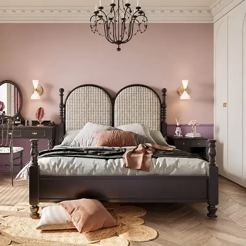 Nanyang Style Retro Solid Wood American Country Roman Column Double Bed Fabric Soft Single Bed