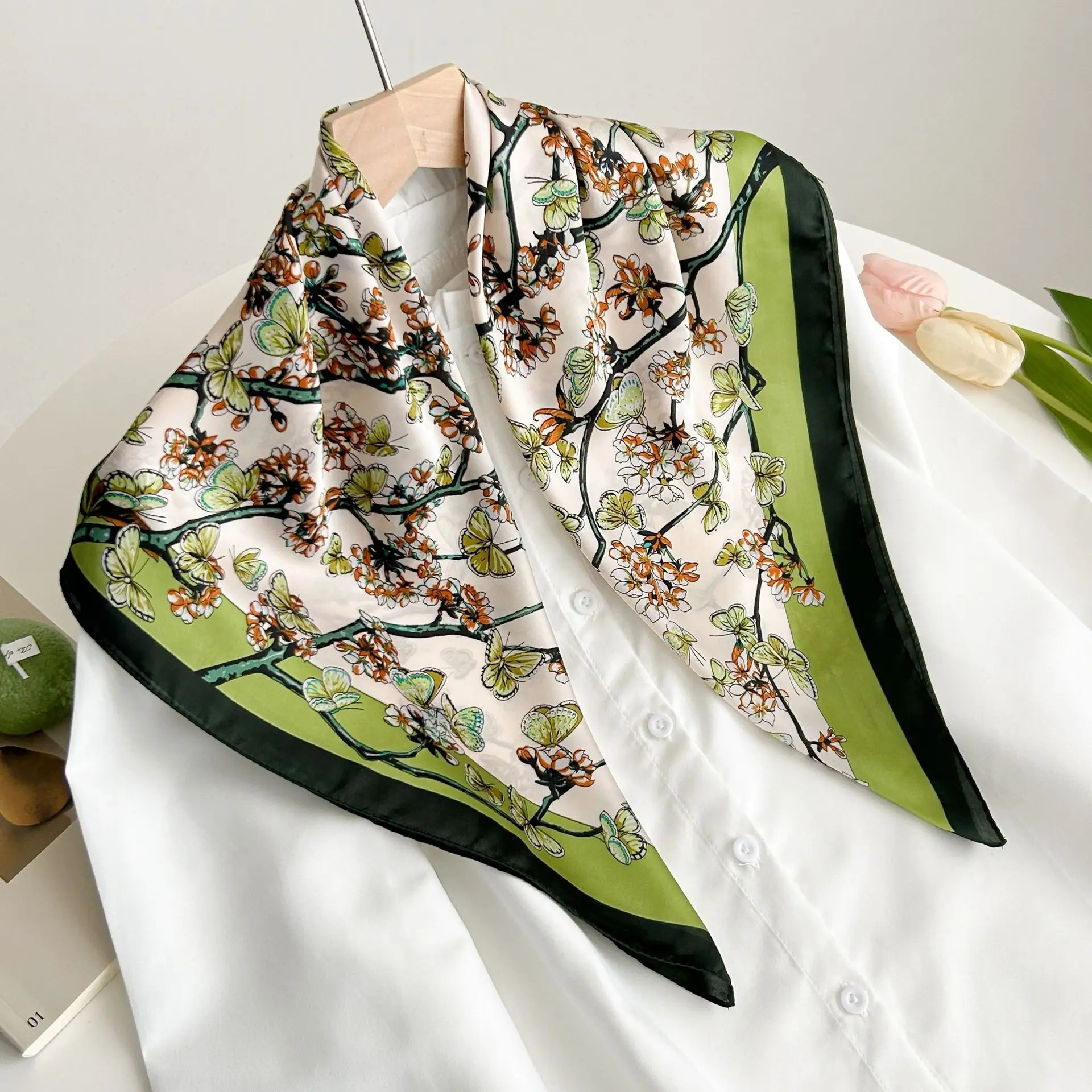 Luxury Brand Flower Print Square Hijab Scarf Imitation Silk Green Small Neck Scarf Stylish Casual Headscarf Hair Band