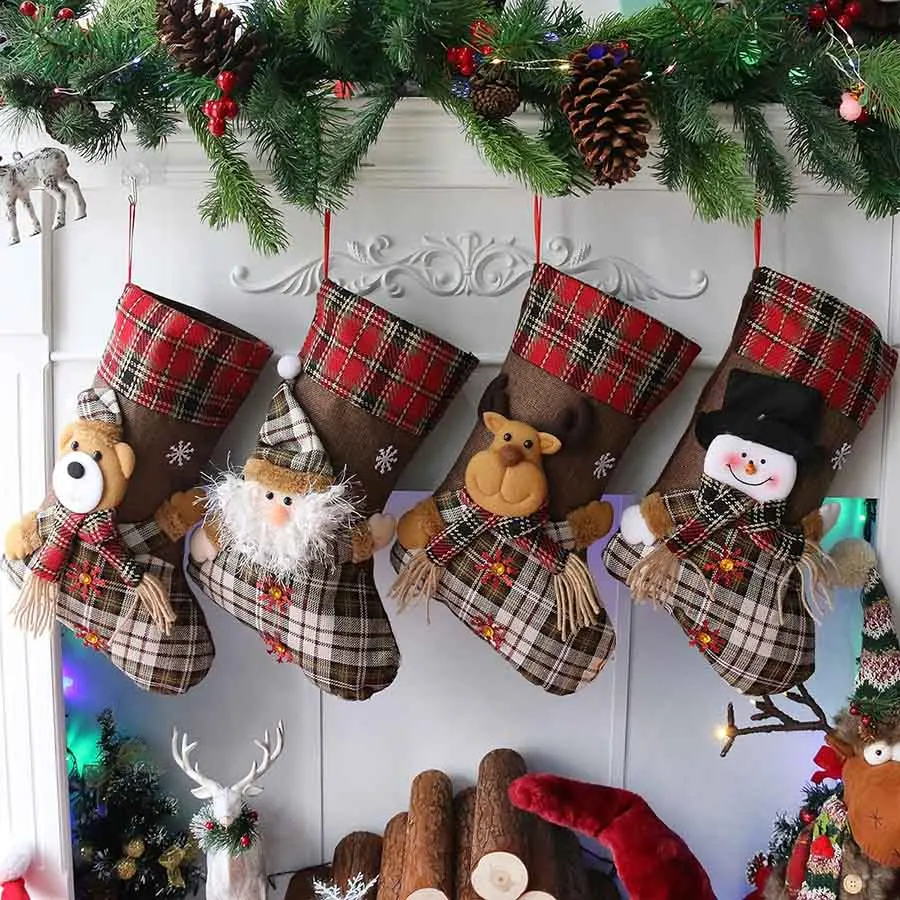 

4 Pcs/set Christmas Stockings Sock for Baby Candy Bags Xmas Tree Plaid Hanging Decor Scarf Joker Gifts for Kids Macrame Decor