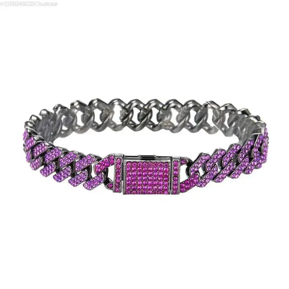 12mm Miami Cuban Link Chain Two Row Purple Hip Hop Prong Necklace for Men Women