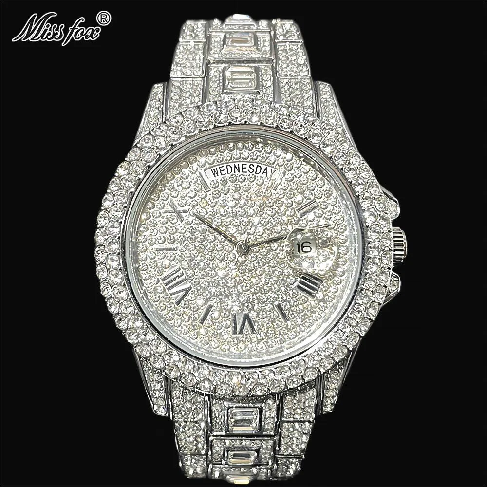 MISSFOX Luxury Men's Gold Watch Fashion Hip Hop Iced Diamond Automatic Calendar Week Waterproof Quartz Wristwatch Man Reloj 2023