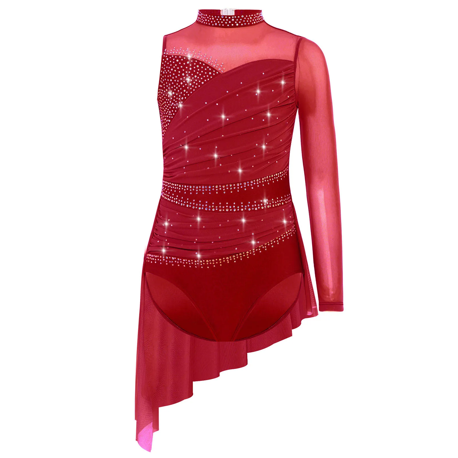 

Girls Lyrical Dance Leotard Dress Sparkling Crystal Ruched Mesh Skirted Costume for Gymnastics Ballet Jazz Stage Performances