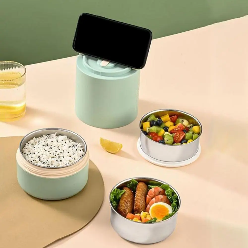 

Stainless Steel 3 Layers Lunch Box Large Capacity Round Thermal Lunch Box Stackable with Spoons Food Container for Home