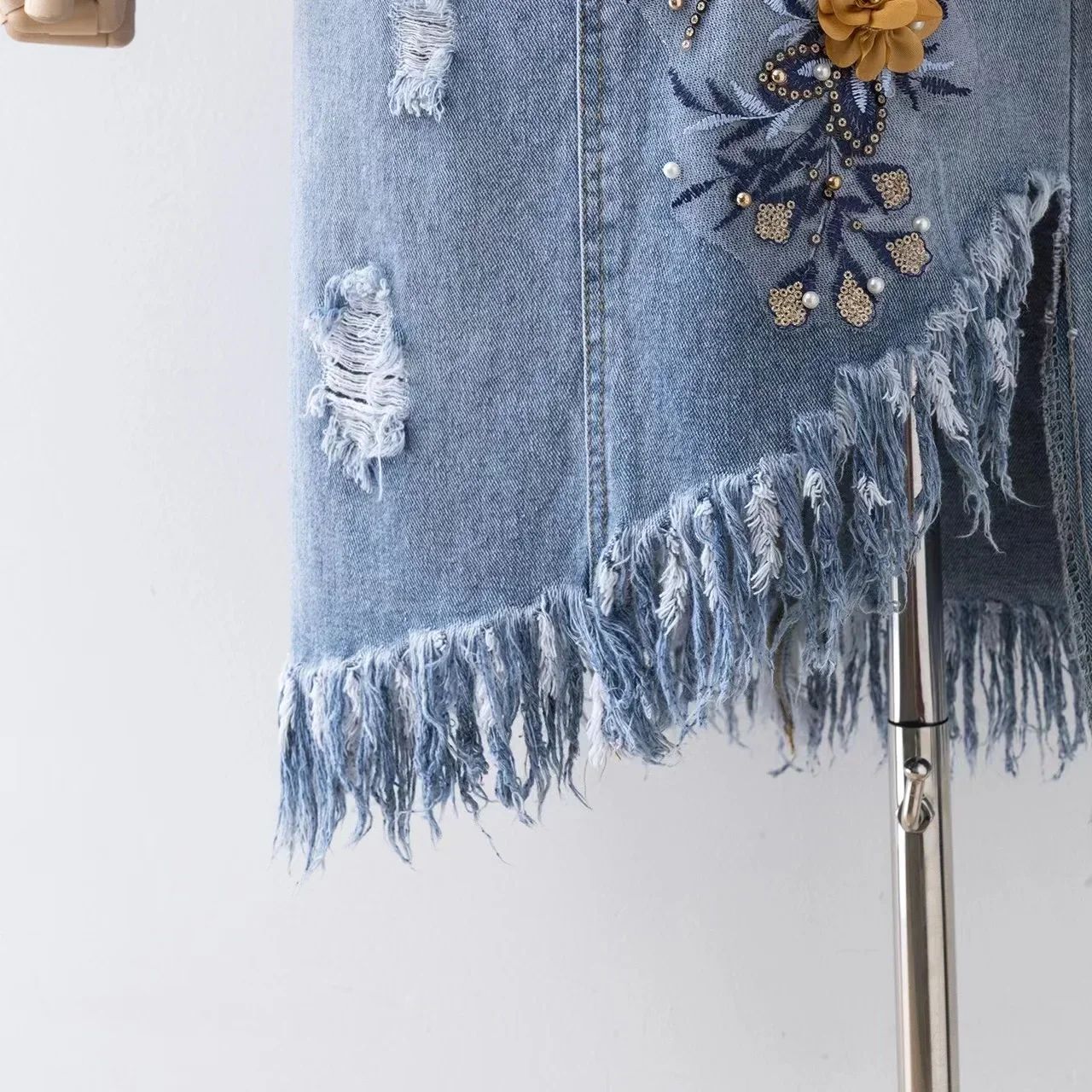 Women Flowers Embroidery Diamonds Beaded Irregular Denim Skirt Floral Mid-length Tassels High Waist Holes A-Line Sequined Dress