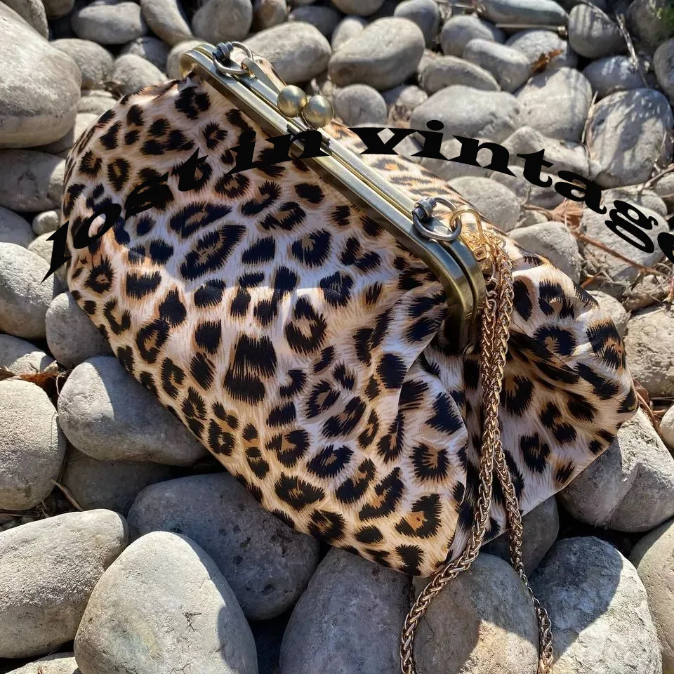 LOST IN VINTAG Leopard Chocolate Fabric Soft Smooth Owl Bag Balls Bronze  Kiss-lock Large Purse Clutch 32x17x12cm