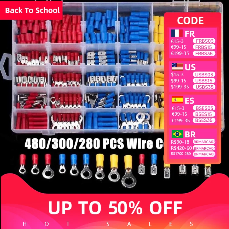 Connettore cavo isolato Cavo elettrico a crimpare Anello di testa a forcella Set anello Cappe a crimpare elettriche Terminali arrotolati Kit assortito