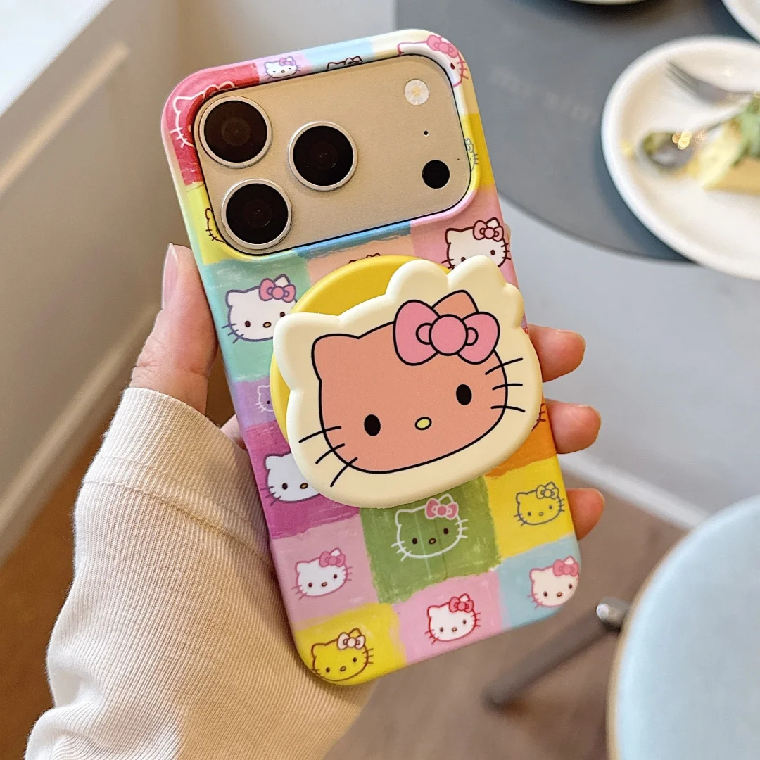 Luxury Magnetic Stand Grid Color Hello Kitty Phone Case For iphone 17 16 15 Pro Max Cute Cartoon Charging Shockproof Phone Cover