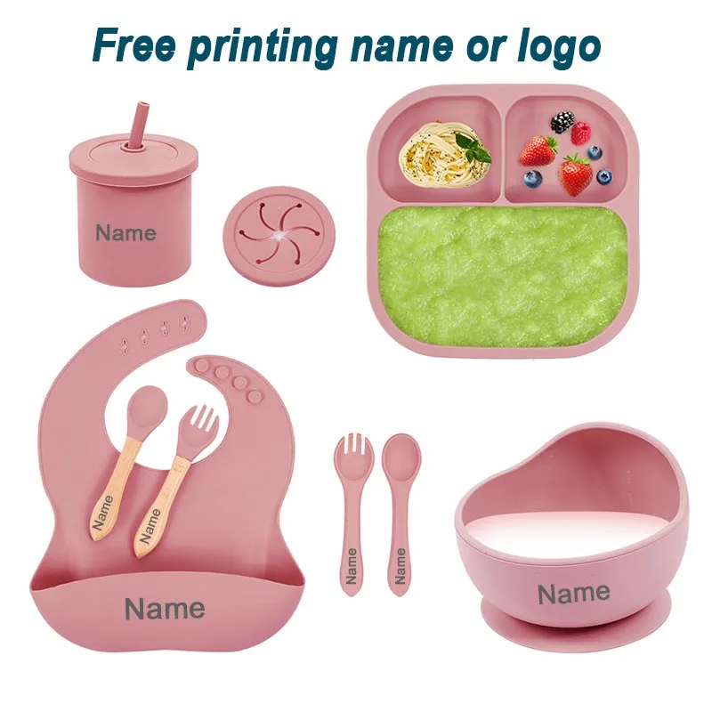 

8PCS/Set Feeding Set For Baby Silicone Sucker Bowl Plate Cup Bibs Spoon Fork Sets Personalized Name Square Dining Plate Dishes