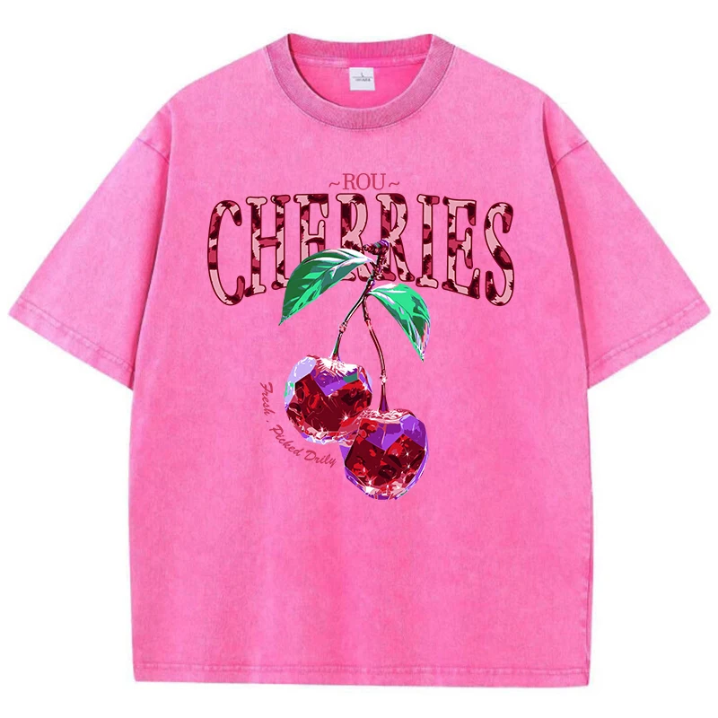 Crystal Cherries Washed T-Shirts Women Cotton Tees Fruit Letter Print Tops Oversize Distressed Short Sleeve Summer Woman Clothes