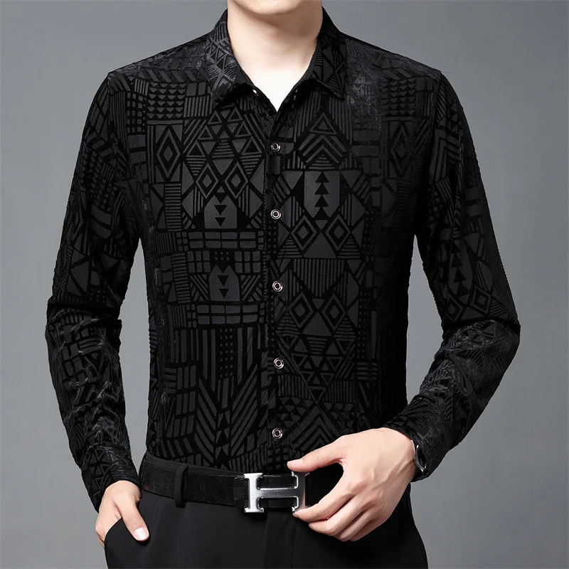 Fall Velvet Shirt Club Party Chemise Homme Geometric Pattern Print Long Sleeve Slim Fit SexyTransparent Shirt Men Camisa Hombre