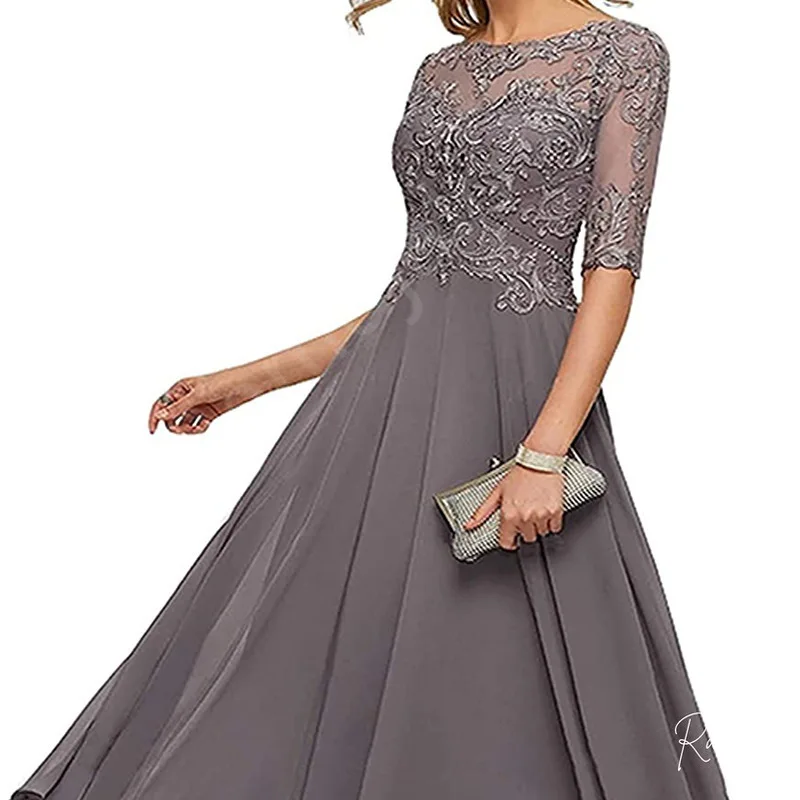 Customized Grey 3/4 Sleeve High-Low Dress with Lace Bodice and Illusion Neckline Mother of the Bride or Groom Gowns For Weddings