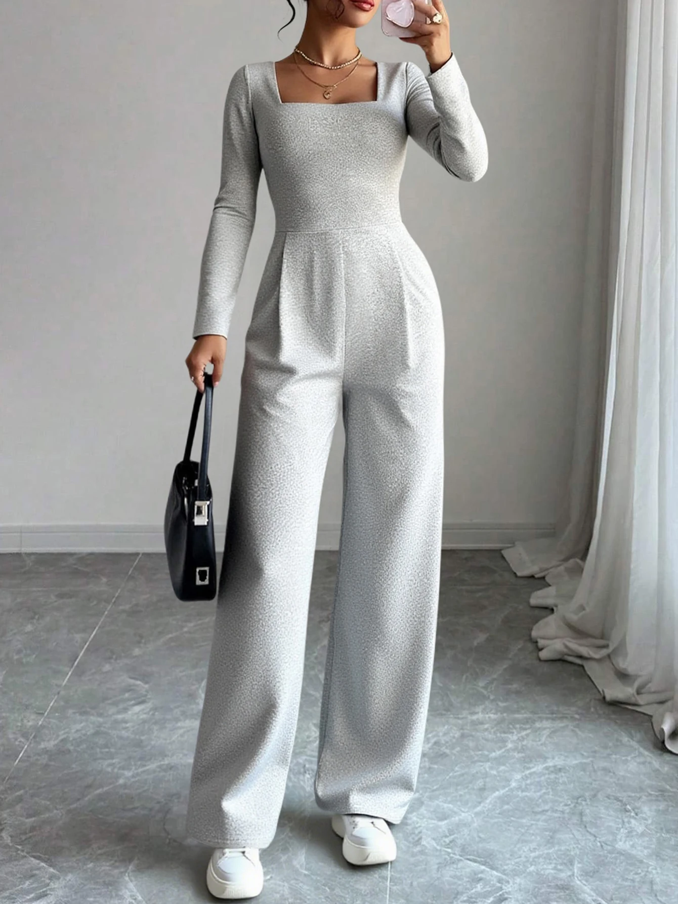 

Женская элегантная однотонная блузка с квадратным вырезом и длинным рукавом, облегающая осенняя одежда для повседневной офисной женской одежды