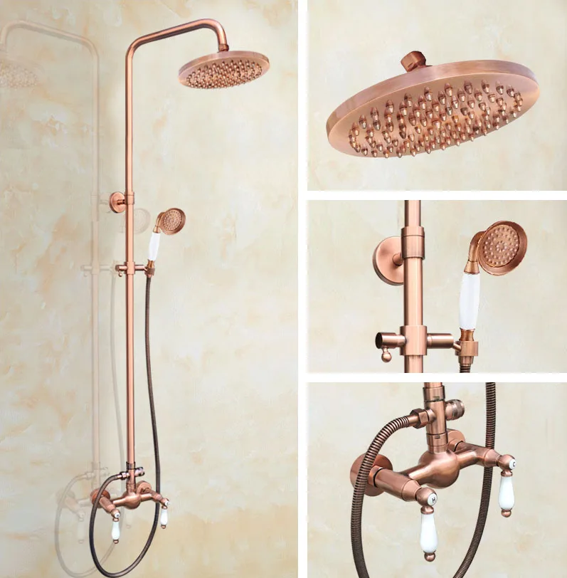 

Bathroom Faucet Set Vintage Retro Red Copper Wall Mounted 8 inch Rainfall/Handheld Shower Hot And Cold Water Tap Kit 2rg586