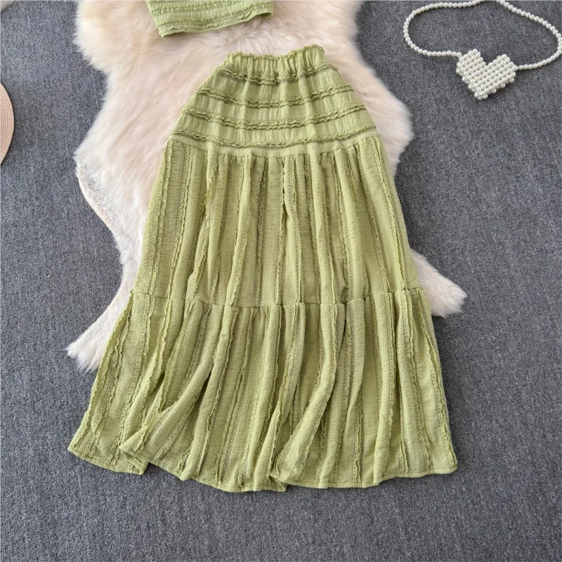 Elegant and Chic Women Summer Skirts Suit Spaghetti Strap Crop Tops A-Line Saya Outfits Female Beach Holiday Two Pieces Set