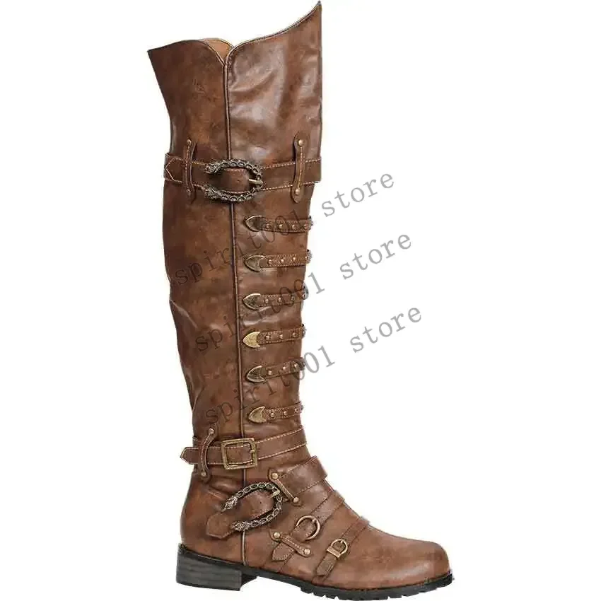 Steampunk Men's Boots Cosplay Renaissance Vintage Buckle With Rivet Gothic Pirate Riding Long Boots For Halloween Party