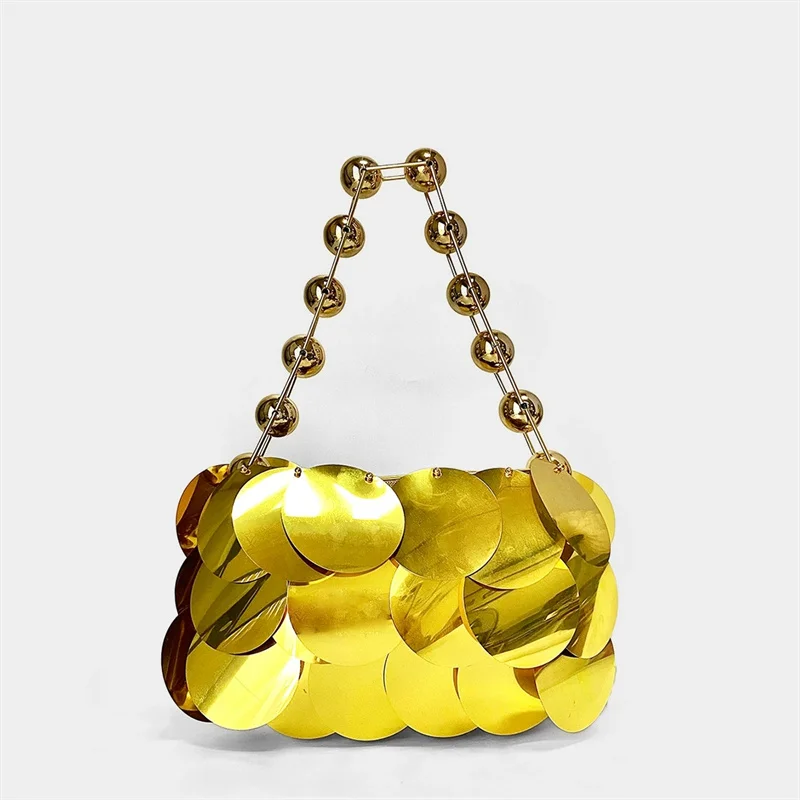 

Leisure Large Round Sequins Handbag Women's Fashionable Golden Platinum Glitter Pearl Handle Evening Bags Wedding Party Purse