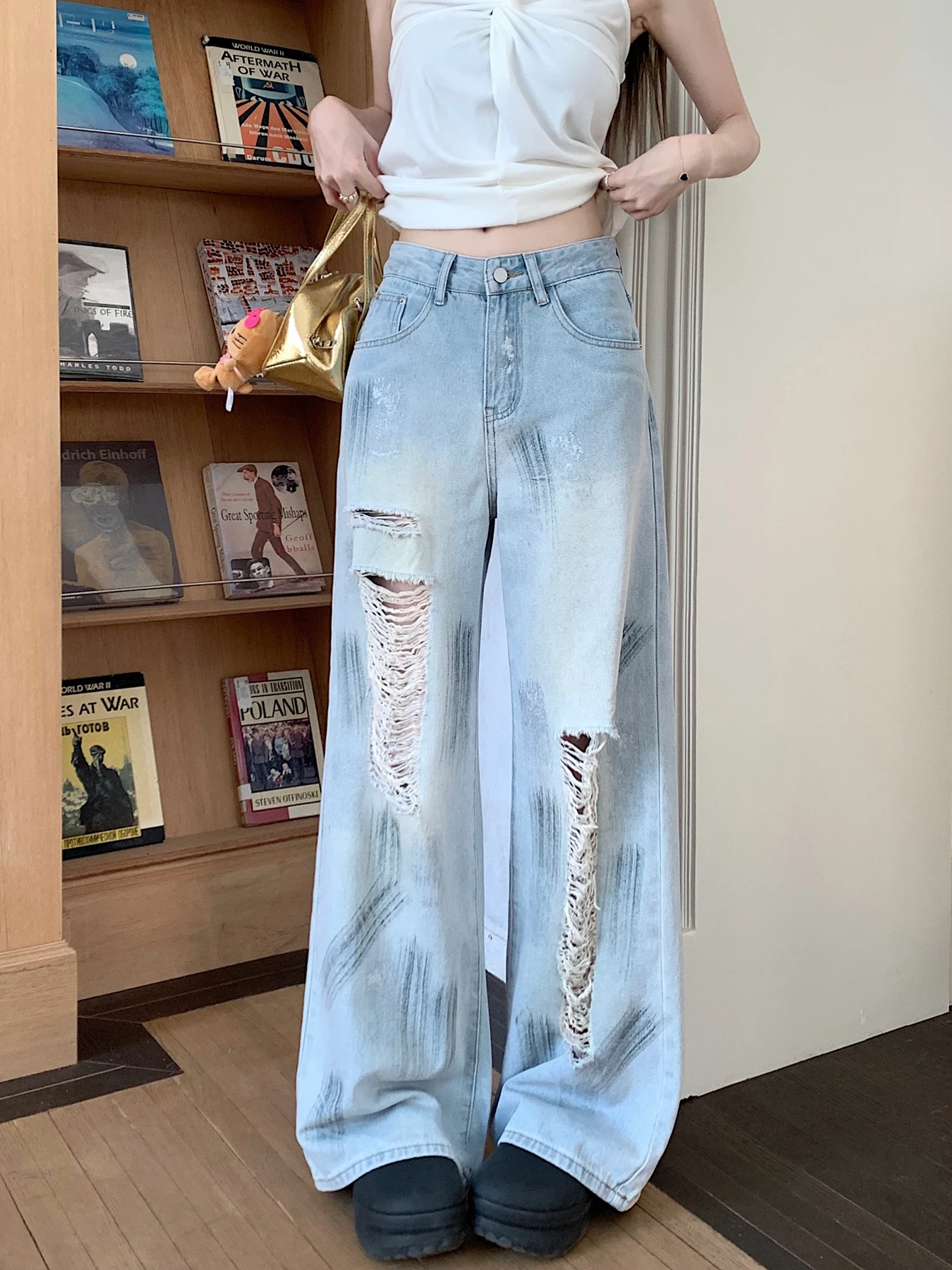 

Women's Spring Summer Streetwear High Waist Wide Leg Ripped Holes Jeans Lady Streetwear Full Length Loose Straight Jeans
