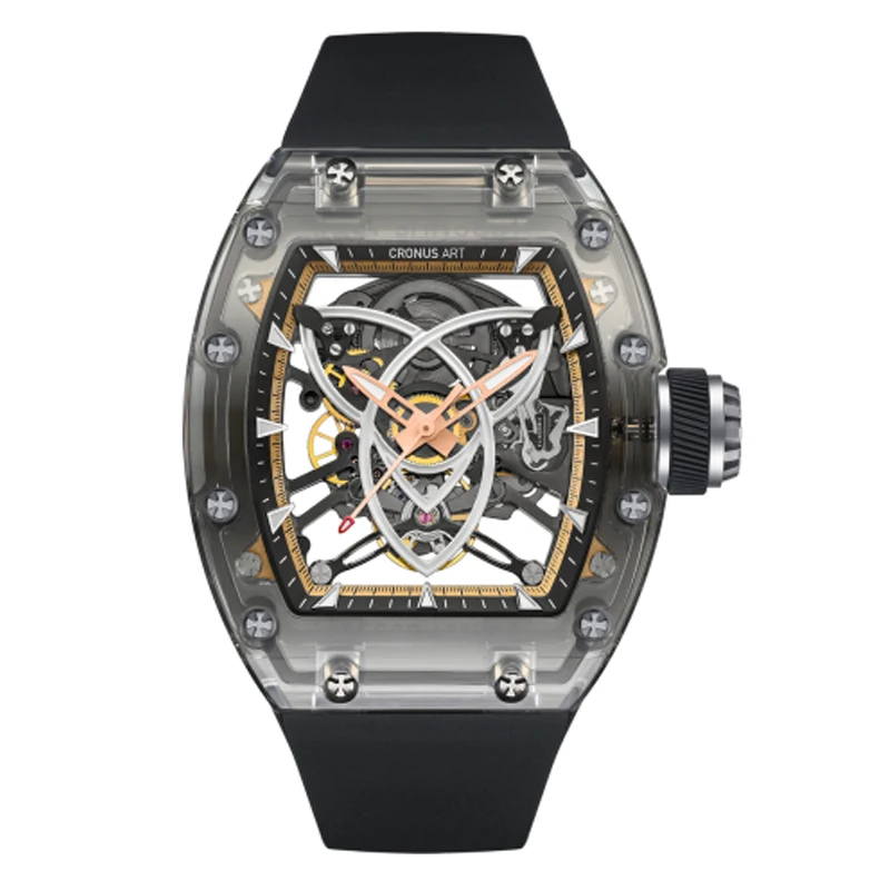 CRONUSART Men Automatic Watch Tonneau Mechanical Wristwatch High Transparency Acrylic Case Fluororubber Strap Skeleton Dial