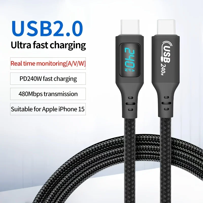 

Кабель для быстрой зарядки и передачи данных PD240W USB 2.0, подходит для iPhone, Huawei, Xiaomi, с интеллектуальным LED-мониторингом заряда.