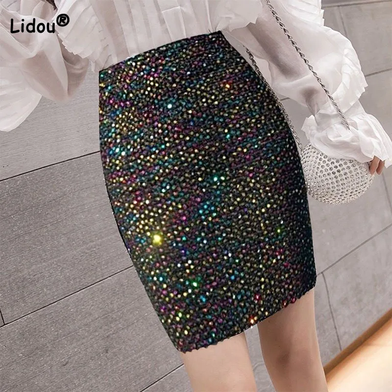 

Sexy Lady Fashion High Waist Elastic Sequined Skirt 2023 Autumn Winter Trend All-match Slim Bag Hip Mini Skirts Women's Clothing