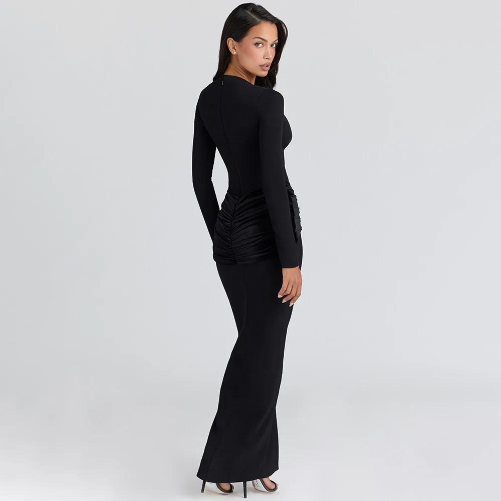 Sukienki wiosenno-jesienne dla kobiet, dopasowane sukienki maxi z długim rękawem, golfem, marszczeniami, eleganckie sukienki koktajlowe, na wesele, dla gości weselnych.