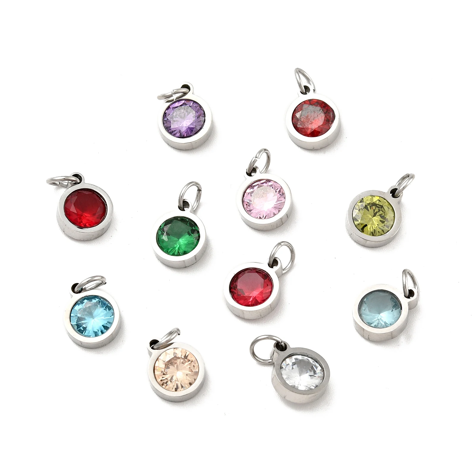 20pcs Mini 304 Stainless Steel Pendants Charms with Cubic Zirconia Jump Ring Square Heart Oval for DIY Bracelet Keychain Jewelry