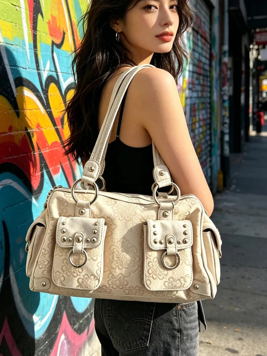

Korean Style Floral Print Shoulder Bag Casual Handbag Tote Bucket Hobo Bag Rivet Metal Ring Decoration Travel Shopping Bags